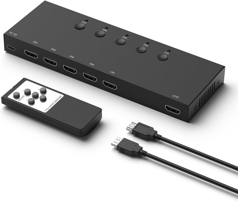 YDF 5 Way HDMI Switch 4k@60Hz HDMI Switcher 5 in 1 Out HDCP 2.0 Manual HDMI 2.0 Hub Supports 3D Compatible with Nintendo Switch/Switch OLED/Xbox/ PS5/4/3 Blu-Ray Player Fire Stick Roku Apple TV Chromeca - Image 1